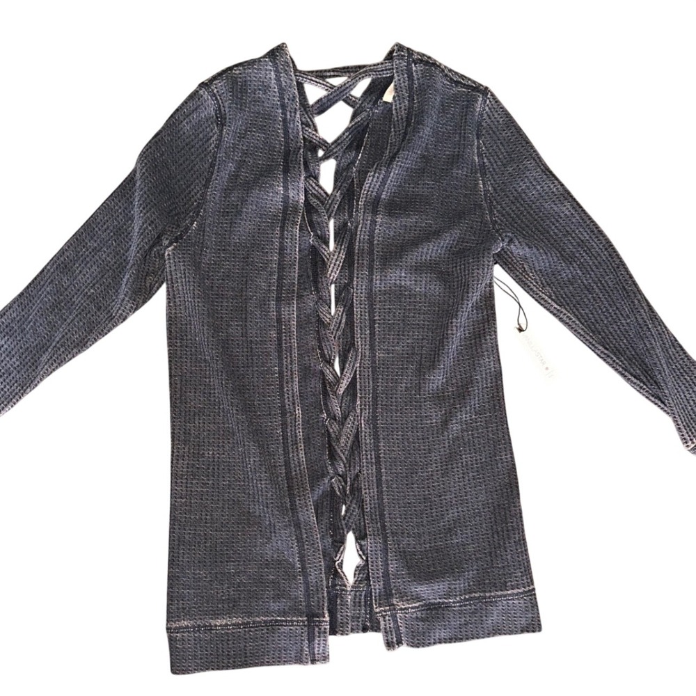 Vanilla Star Women Small Gray Waffle Knit Lace Up Back Open Front Cardigan NWT